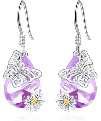 Butterfly Earrings 925 Sterling Silver Purple Crystal Butterfly Dangle Earrings Hypoallergenic Amethyst Butterfly Jewelry Gif...