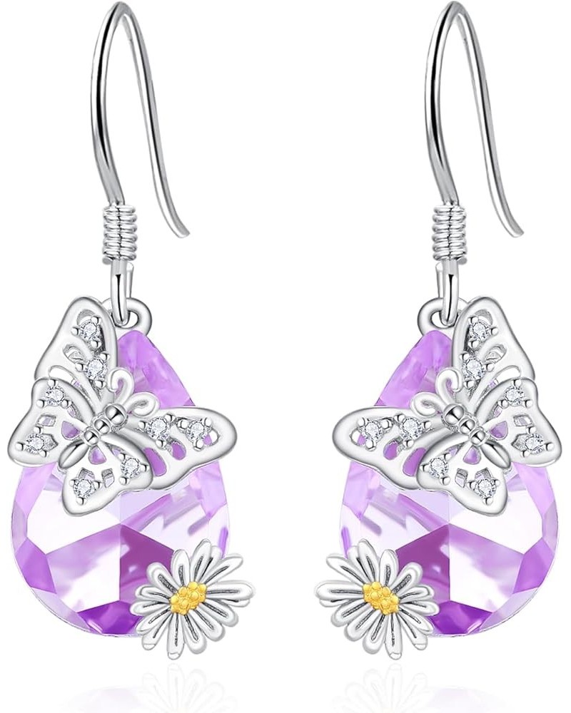 Butterfly Earrings 925 Sterling Silver Purple Crystal Butterfly Dangle Earrings Hypoallergenic Amethyst Butterfly Jewelry Gif...