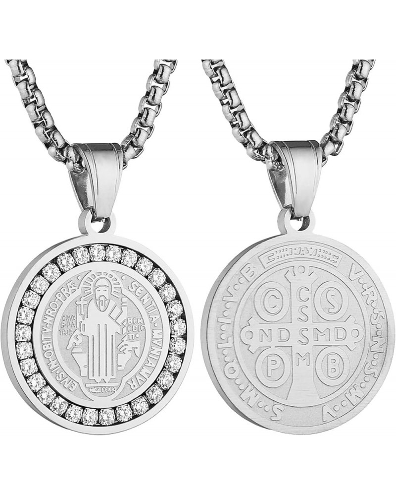 Saint Benedict Medal Necklace Stainless Steel Christian Sacrament Medal Anti-evil Jewelry Catholic Men and Women Gifts Silver...