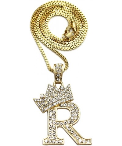 Rhinestone Studded Crown Initial Alphabet Letter Pendant Necklace 24" Box Chain Necklaces in Gold Tone or Silver Tone Gold - ...