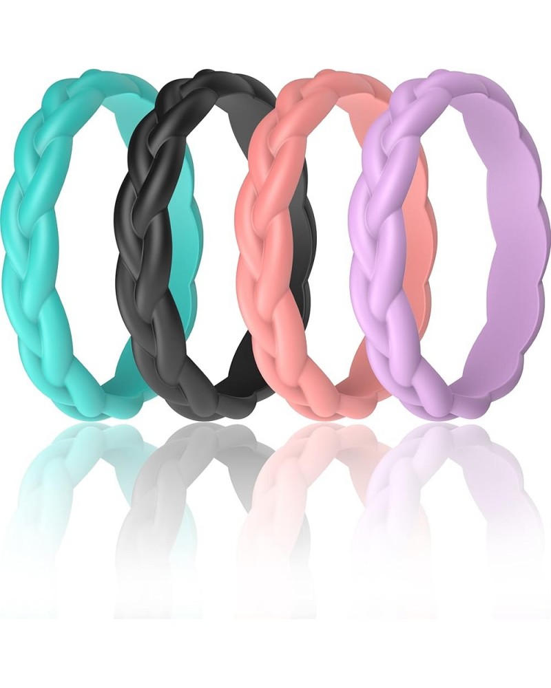 Silicone Wedding Bands for Women, Braided Design - 3.3mm Width 1.8mm Thick Royal Black, Sweet Pink, Ocean Teal, Light Purple ...