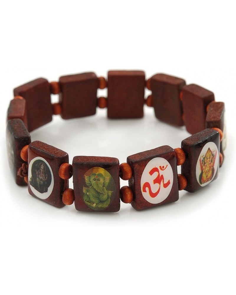 Indian Religious Brown Wood Ganesh & OM Stretch Icon Bracelet - 18cm L $10.27 Bracelets