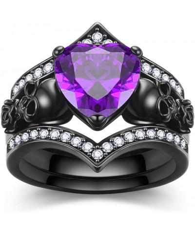 Gothic Black Rose Flower Skull Engagement Ring Set Red Purple Heart-shaped Zircon Crystal Wedding Anniversary Mother's Day Ho...