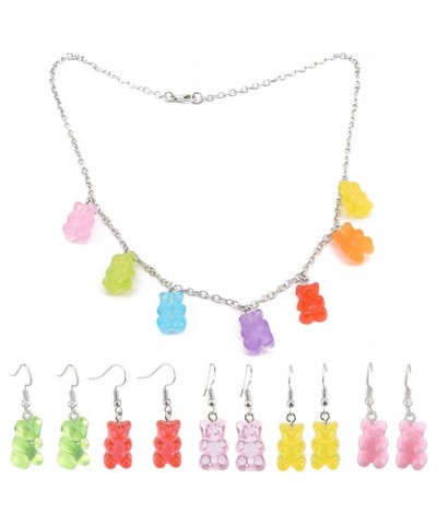 6 Pieces Bear Jewelry Set, Includes 5 Pairs Gummy Candy Bear Dangle Earrings And 7 Colors Resin Bear Necklace Party Favors fo...