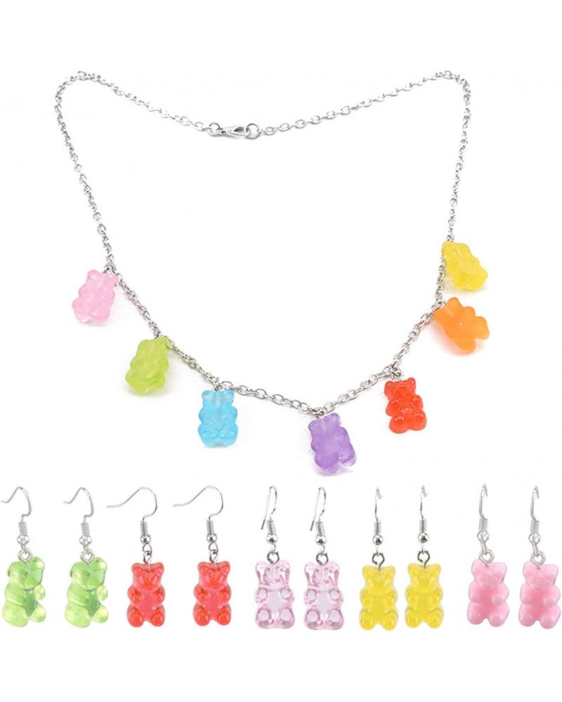 6 Pieces Bear Jewelry Set, Includes 5 Pairs Gummy Candy Bear Dangle Earrings And 7 Colors Resin Bear Necklace Party Favors fo...