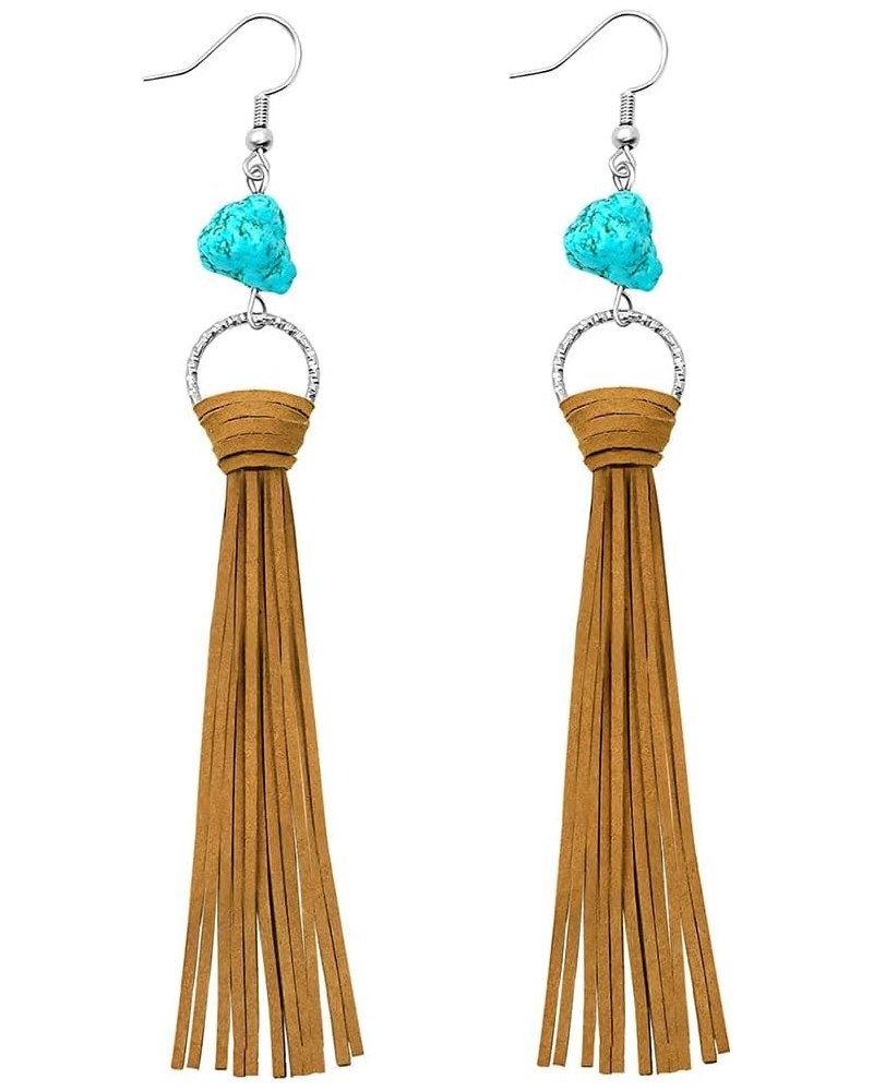 Summer 2023 Boho Beach Fringe Earrings for Women Girls Handmade Leather Dangle Earrings Turquoise Statement Tassel Earrings D...