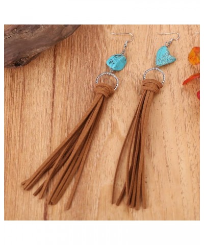 Summer 2023 Boho Beach Fringe Earrings for Women Girls Handmade Leather Dangle Earrings Turquoise Statement Tassel Earrings D...