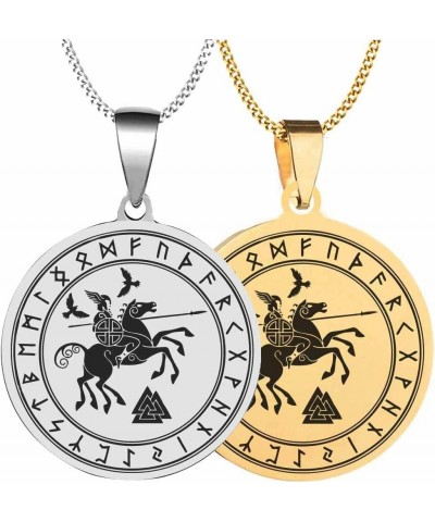 2PCS Engraved Silver Stainless Steel Pendant Necklace Chain Mens Womens God Wotan, Riding On A Horse Sleipnir Spear Ravens Si...