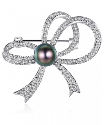 Women Lady Cubic Zirconia Bowknot Brooch 9-10mm Tahitian Pearl Brooch Pin $50.40 Brooches & Pins