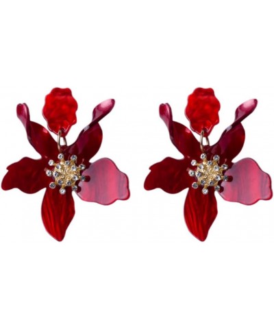 Bohemian Luxury Oversize Resin Big Flower Earrings For Women Stainless Steel Crystal Jewelry (Dark Red) $6.11 Earrings