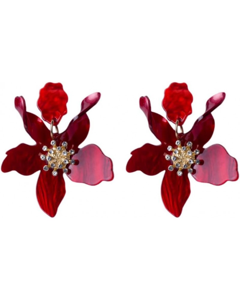 Bohemian Luxury Oversize Resin Big Flower Earrings For Women Stainless Steel Crystal Jewelry (Dark Red) $6.11 Earrings