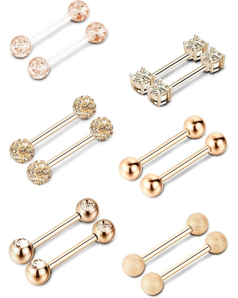 6 Pairs Nipple Bars Surgical Stainless Steel Piercing Titanium Barbell Ring Tongue Ring Cubic Zirconia Nipple Rings Body Pier...