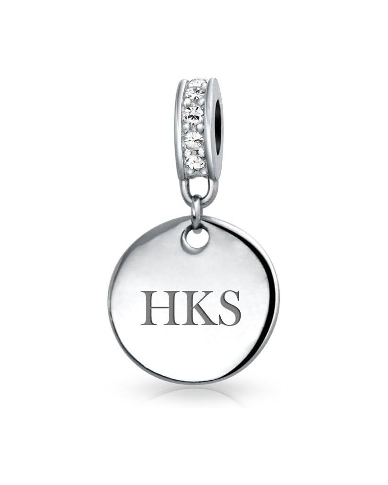 Engravable Initial Monogram Crystal Accent Bale Dangle Round Circle Disc Shaped Charm Bead For Women Teen .925 Sterling Silve...