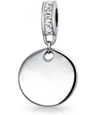 Engravable Initial Monogram Crystal Accent Bale Dangle Round Circle Disc Shaped Charm Bead For Women Teen .925 Sterling Silve...