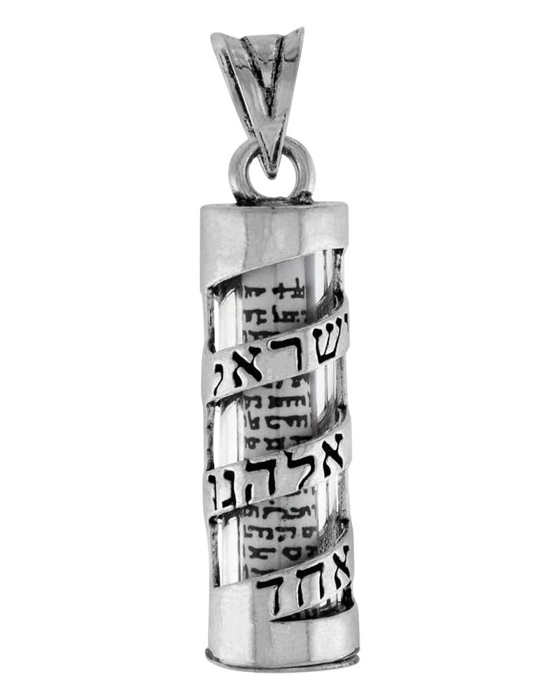 Sterling Silver Mezuzah Necklace Spiral Shema Israel Over Glass Case Paper Parchment 1 1/4 inch Available with or without a c...