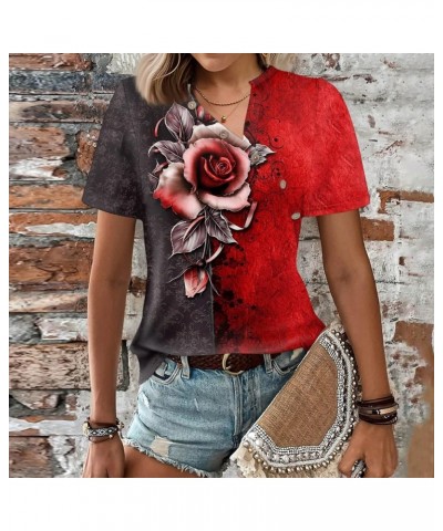 Short Sleeve Shirts for Women Trendy V Neck T Shirt Button Down Oversized Shirt Top Loose Printed Casual Pullover 1-wine $4.4...