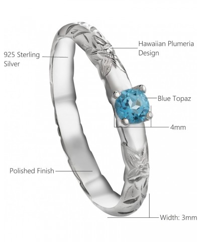 925 Sterling Silver Hawaiian Blue Topaz Princess Plumeria Flower Scroll Ring Stackable Wedding Engagement Promise Band, Nicke...