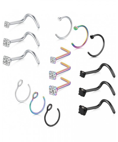 18g Stainless Steel Nose Rings Hoop L Shape Nose Studs Nose Screw Bone Silver Rose Gold Black Rainbow Pack for Women Men Styl...