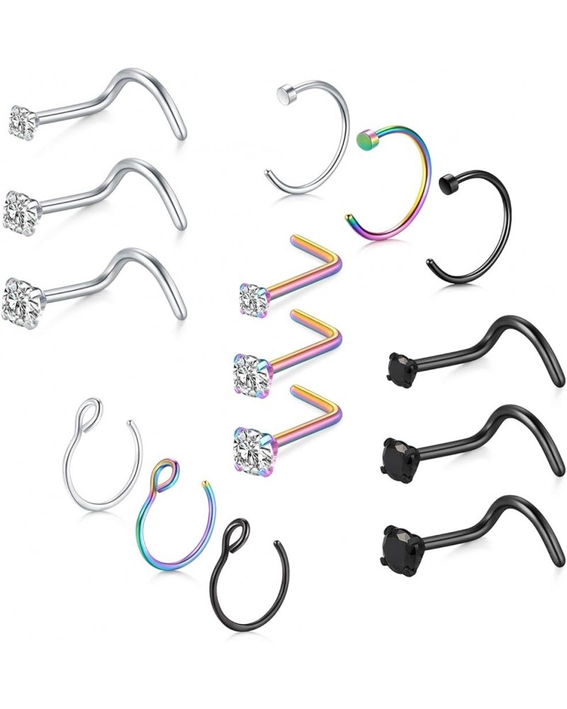 18g Stainless Steel Nose Rings Hoop L Shape Nose Studs Nose Screw Bone Silver Rose Gold Black Rainbow Pack for Women Men Styl...