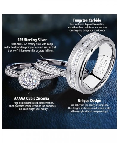 Newshe Wedding Rings Set for Him and Her Women Mens Tungsten Bands Round Cz 3Ct Sterling Silver Size 5-13 Men's Size 12 & Wom...