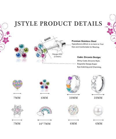 8 Pairs Hypoallergenic Screw Back Earrings for Girls Women 316L Stainless Steel CZ Heart Hoop Earrings Cute Butterfly Flower ...