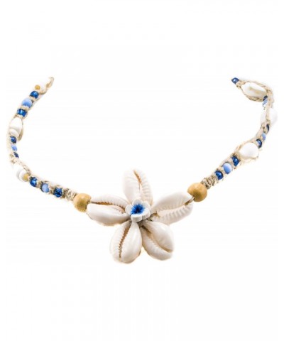 Cowrie Shells and Fimo Flower Pendant on Hemp Choker Necklace(Blue) $8.52 Necklaces