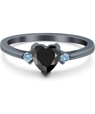 Art Deco Heart Three Stone Wedding Bridal Ring Round Aquamarine Simulated Cubic Zirconia 925 Sterling Silver Black Tone, Simu...