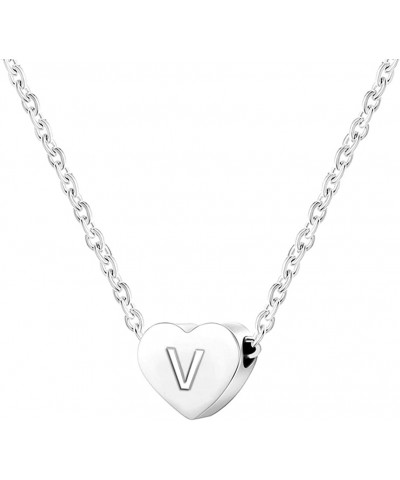 Stainless Steel Heart Shaped Alphabet Initial Letters Charm Collar Statement Pendant Necklace Silver-V $7.66 Necklaces