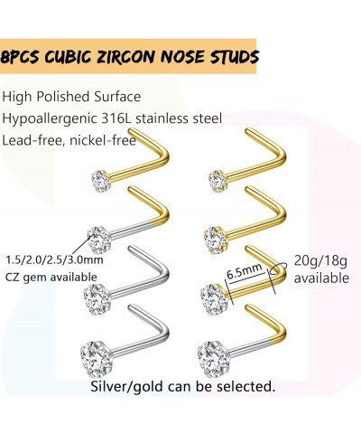 8Pcs Nose Rings Studs 316L Surgical Steel Nose Studs 1.5mm 2mm 2.5mm 3mm CZ Nostril Piercing Jewelry L Shaped Nose Rings for ...