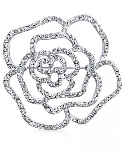 Large Fashion Statement Sparkling Party Rose Flower Shape Open Pave Crystal Wedding Brooch Scarf Pin For Women Silver Tone Rh...