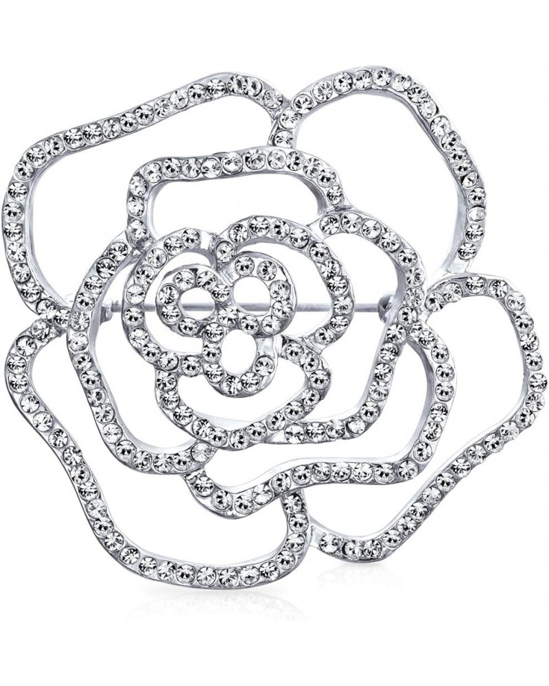 Large Fashion Statement Sparkling Party Rose Flower Shape Open Pave Crystal Wedding Brooch Scarf Pin For Women Silver Tone Rh...