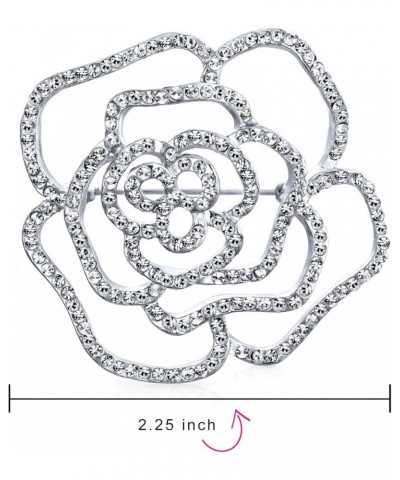 Large Fashion Statement Sparkling Party Rose Flower Shape Open Pave Crystal Wedding Brooch Scarf Pin For Women Silver Tone Rh...