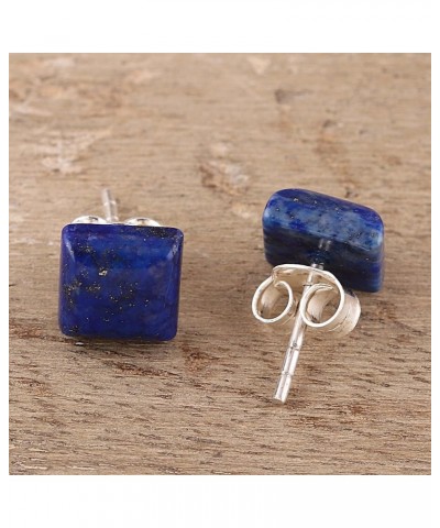 Artisan Handmade Composite Stud Earrings Square from India Sterling Silver Reconstituted Blue $13.74 Earrings