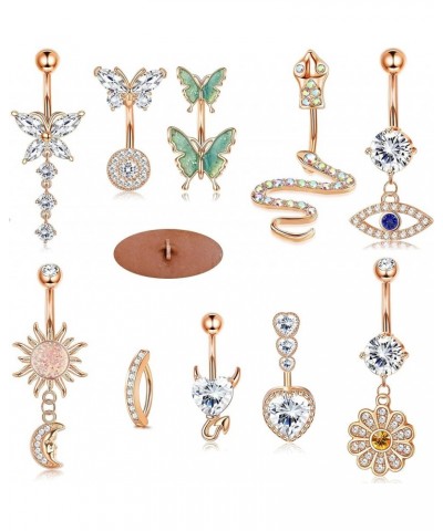 10 Pcs Belly Button Rings Clicker Belly Ring for Women 14G Belly Button Rings Dangling Snake Evil Eye Heart CZ Butterfly Flow...