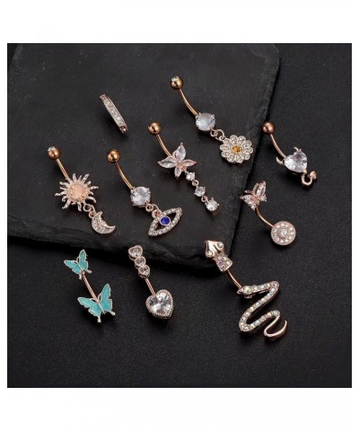 10 Pcs Belly Button Rings Clicker Belly Ring for Women 14G Belly Button Rings Dangling Snake Evil Eye Heart CZ Butterfly Flow...