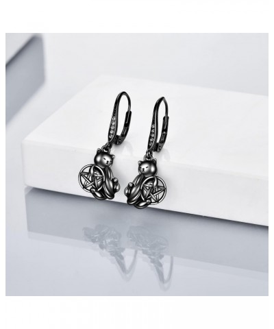 Black Cat Earrings 925 Sterling Sliver Cubic Zircon Cat Earrings For Women Cute Animal Dangle Pentagram Earrings Jewerly Gift...