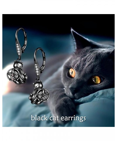 Black Cat Earrings 925 Sterling Sliver Cubic Zircon Cat Earrings For Women Cute Animal Dangle Pentagram Earrings Jewerly Gift...