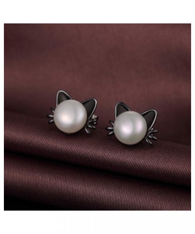 Cute Animal Pearl Earrings-925 Sterling Silver Cat/Rabbit Pearl Stud Earrings with Freshwater Pearl 7.5MM, Animal Jewelry Gif...