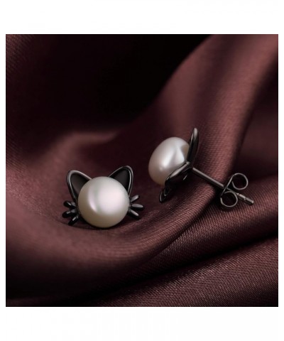 Cute Animal Pearl Earrings-925 Sterling Silver Cat/Rabbit Pearl Stud Earrings with Freshwater Pearl 7.5MM, Animal Jewelry Gif...