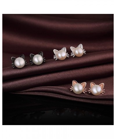 Cute Animal Pearl Earrings-925 Sterling Silver Cat/Rabbit Pearl Stud Earrings with Freshwater Pearl 7.5MM, Animal Jewelry Gif...