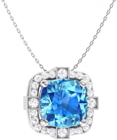 Natural and Certified Cushion Cut Gemstone and Diamond Halo Necklace in 14k White Gold | 0.79 Carat Pendant with Chain Blue T...