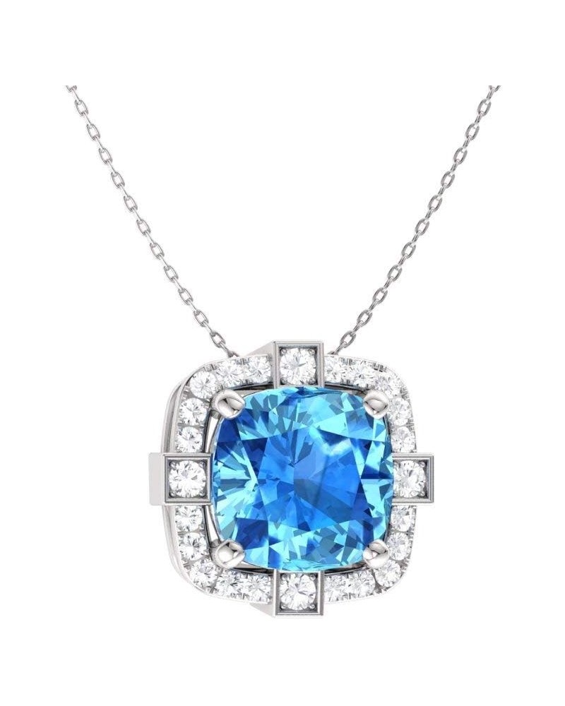 Natural and Certified Cushion Cut Gemstone and Diamond Halo Necklace in 14k White Gold | 0.79 Carat Pendant with Chain Blue T...