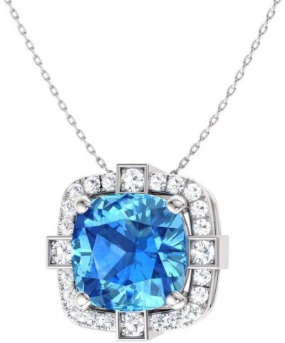 Natural and Certified Cushion Cut Gemstone and Diamond Halo Necklace in 14k White Gold | 0.79 Carat Pendant with Chain Blue T...