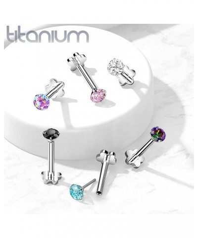 Titanium Threadless Push in Flower Base Labret, Flat Back Studs with CZ Prong Top for Cartilage, Monroe, Nose and More 18GA, ...