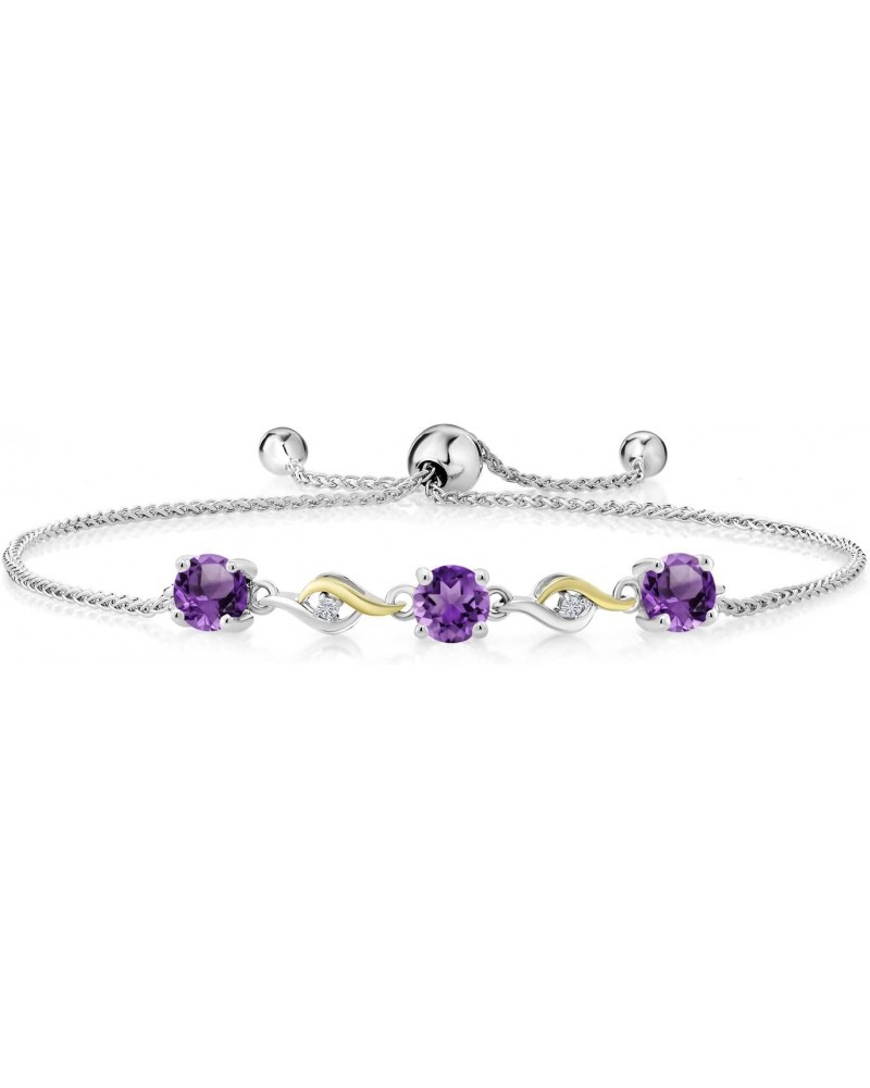 925 Sterling Silver and 10K Yellow Gold Round Purple Amethyst and White Moissanite Tennis Bracelet For Women (1.45 Cttw, Roun...