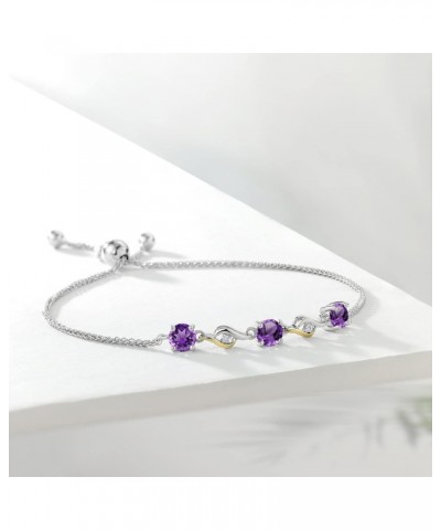 925 Sterling Silver and 10K Yellow Gold Round Purple Amethyst and White Moissanite Tennis Bracelet For Women (1.45 Cttw, Roun...