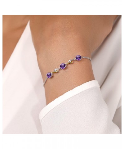 925 Sterling Silver and 10K Yellow Gold Round Purple Amethyst and White Moissanite Tennis Bracelet For Women (1.45 Cttw, Roun...