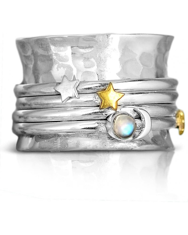 Spinner Moonstone Moon and Star Ring for Women 925 Sterling Silver Fidget Wide Band $22.70 Rings