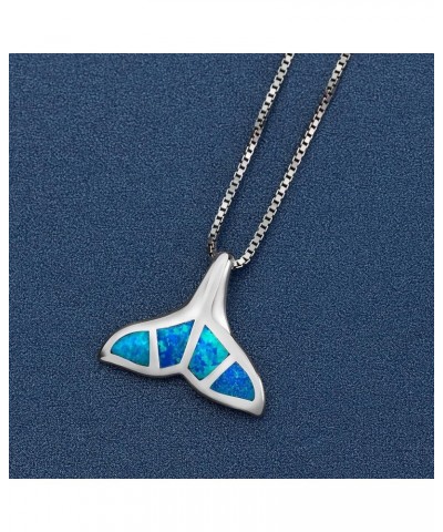 925 Sterling Silver Opal Whale Tail Necklace Pendant with 18" Box Chain, Blue White Opal, Nickel Free Hypoallergenic for Sens...