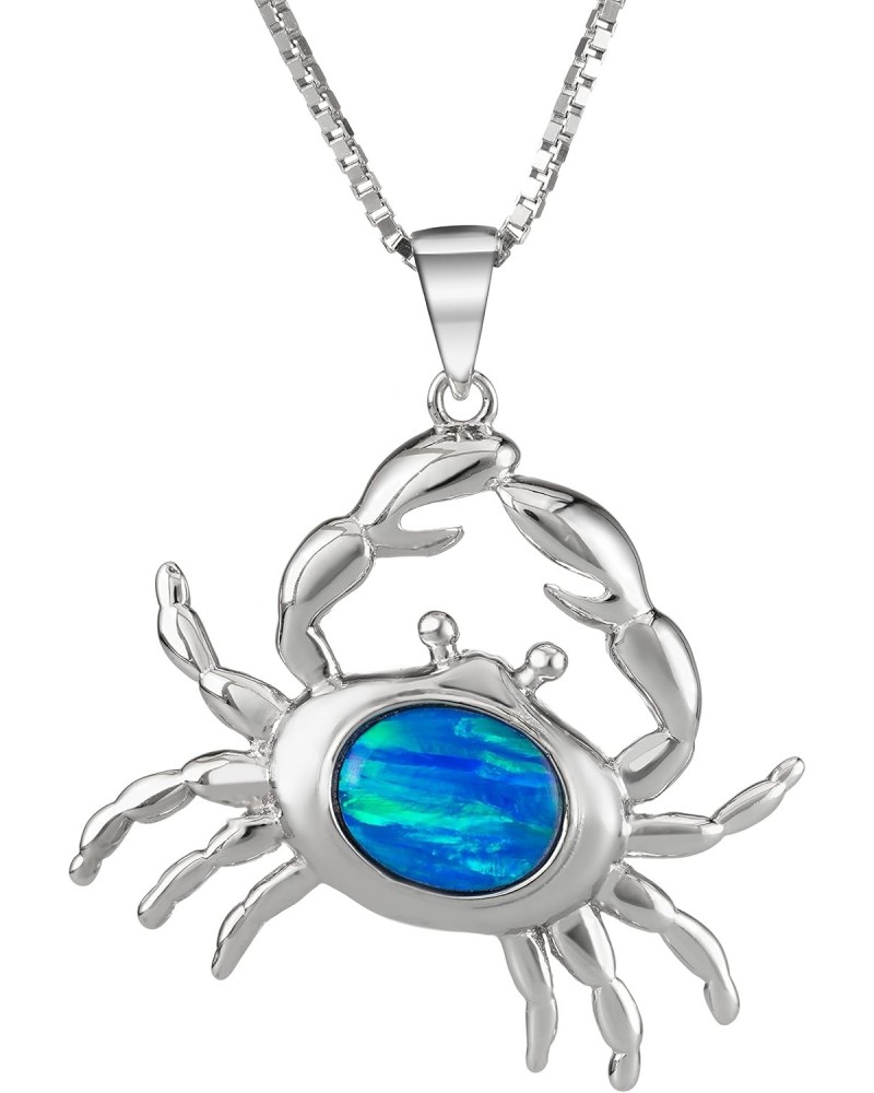 Sterling Silver Created Blue Opal Crab Necklace Pendant with 18" Box Chain $18.45 Necklaces